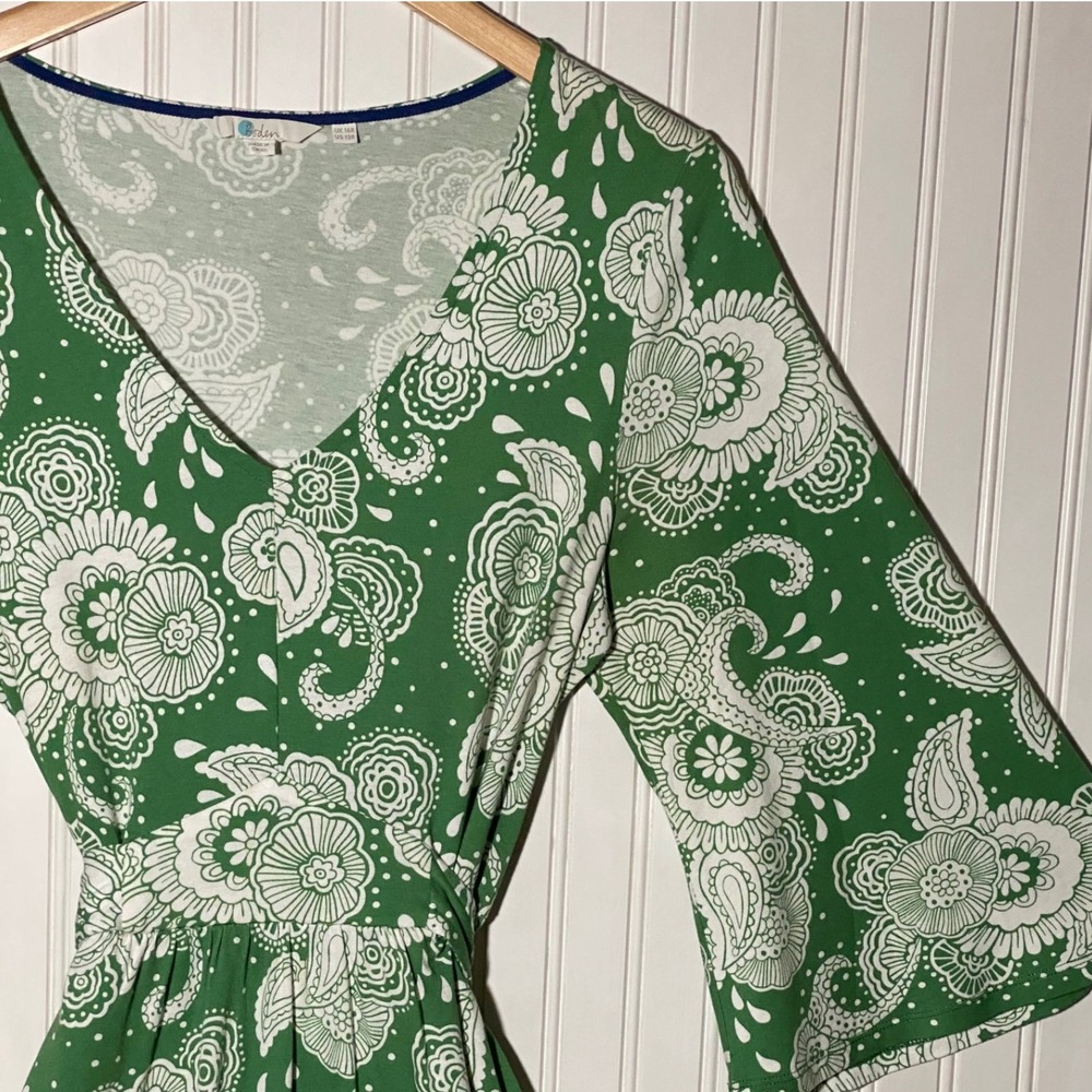 BODEN Quiet Luxury Green Paisley Trumpet Sleeve Tie Waist Midi Dress Soft Girl - Picture 6 of 14